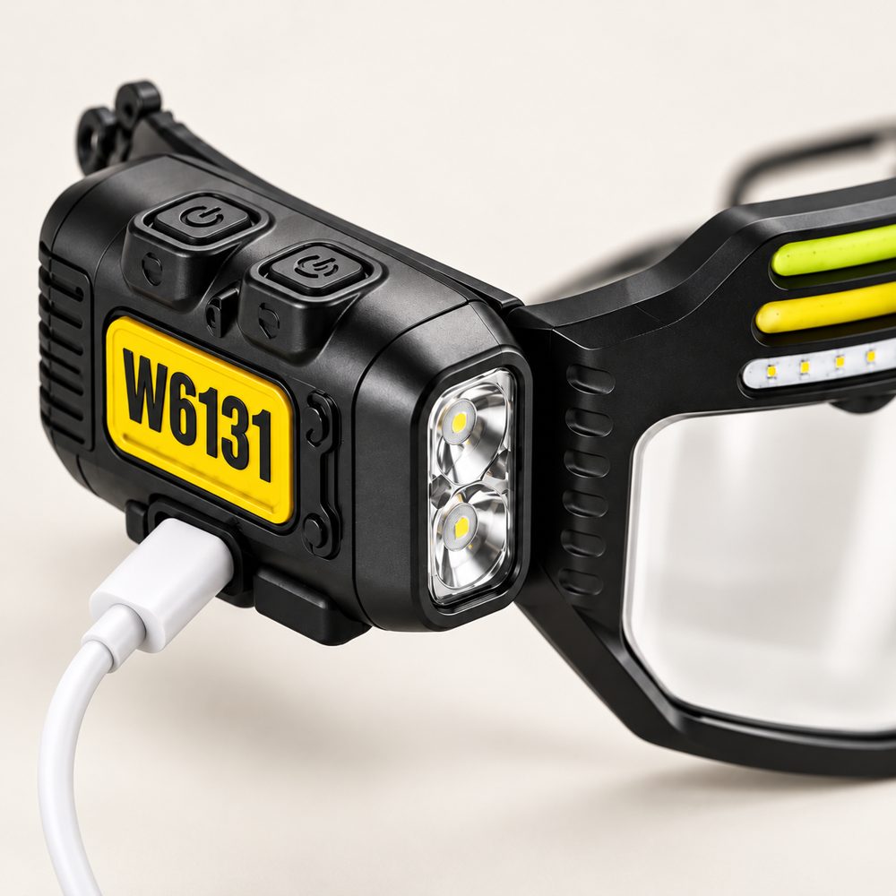 Close-up of the side module: light and sensor buttons, twin XPE headlamp and USB Type-C port