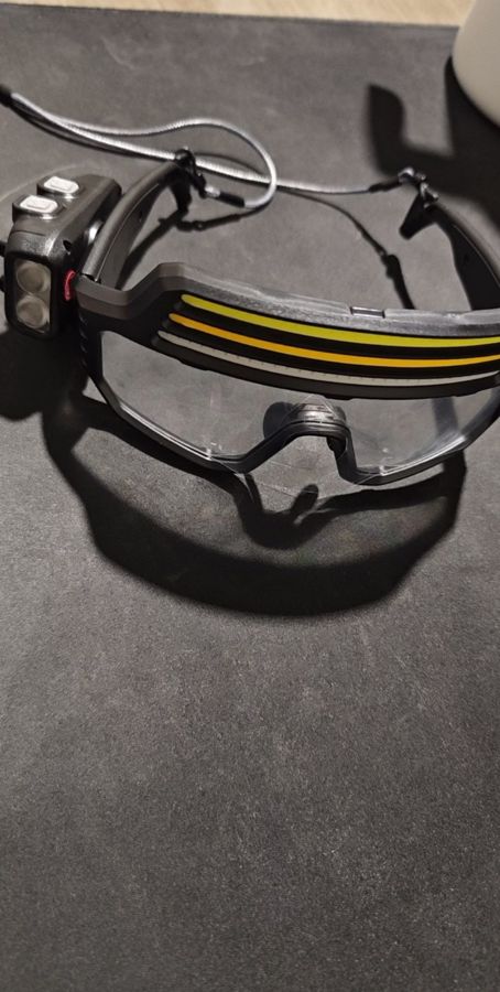 Unedited phone photo of Iron Beam goggles: tri-beam, side view