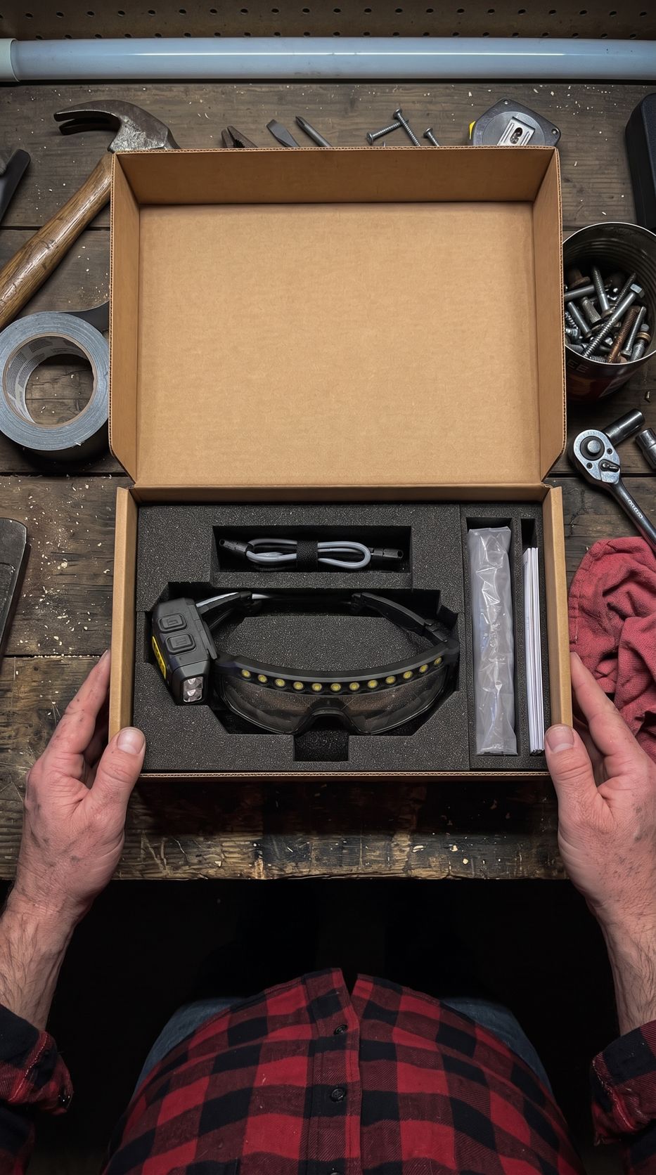 Open box showing goggles in a foam tray with cable and manual