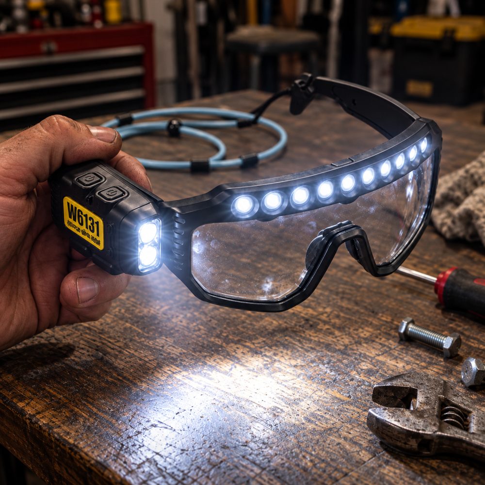 Dot Beam goggles lit up in hand over a workbench